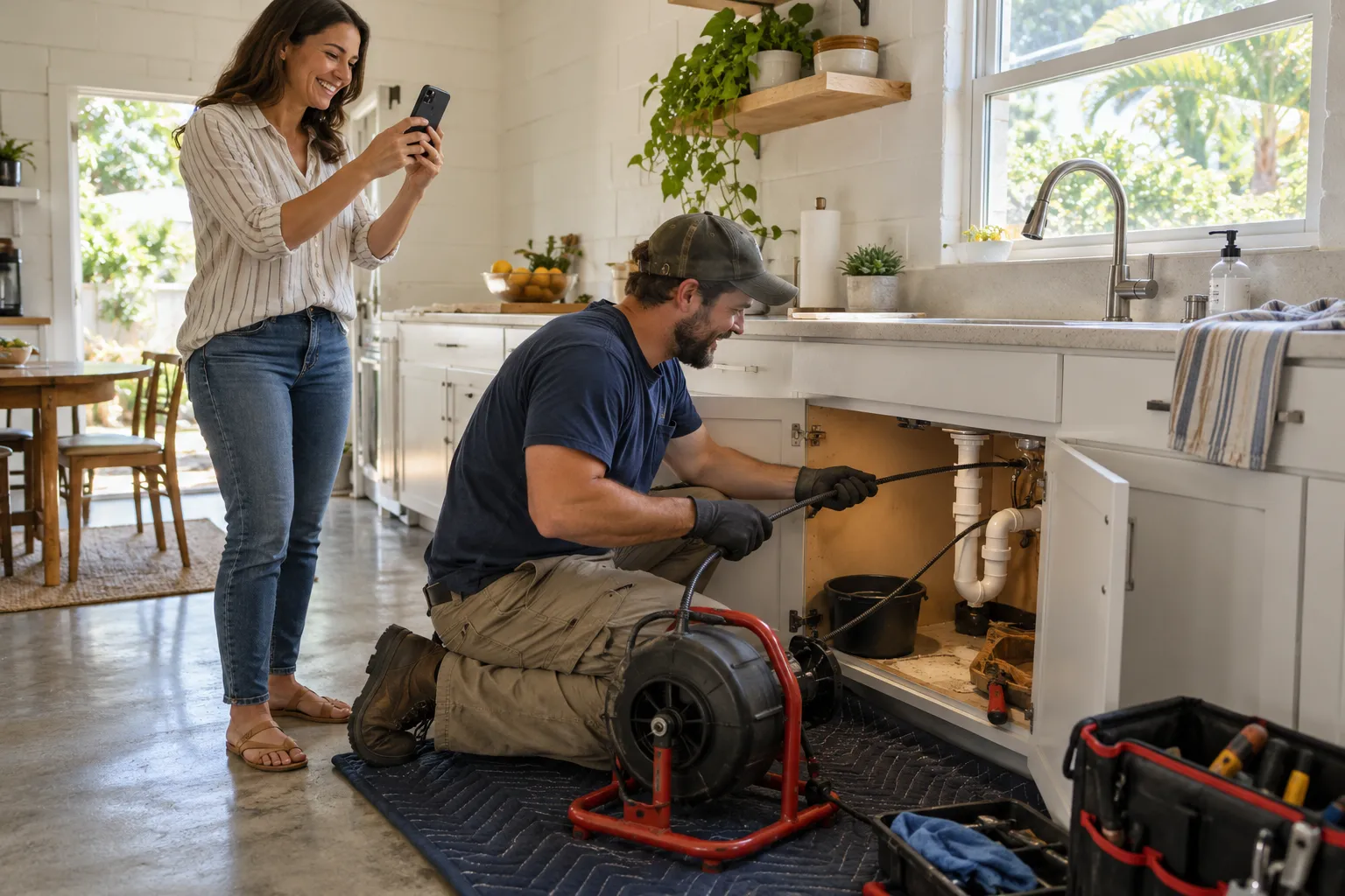 Friendly local plumber clearing a kitchen drain in a St. Petersburg home while a homeowner looks on